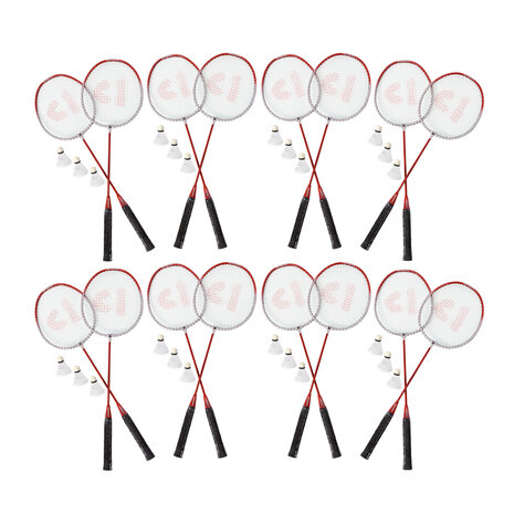 Discountershop Badmintonset voor 16 personen – 16 rode badmintonrackets van 67 x 20 cm met 24 shuttles voor school, camping en groepen