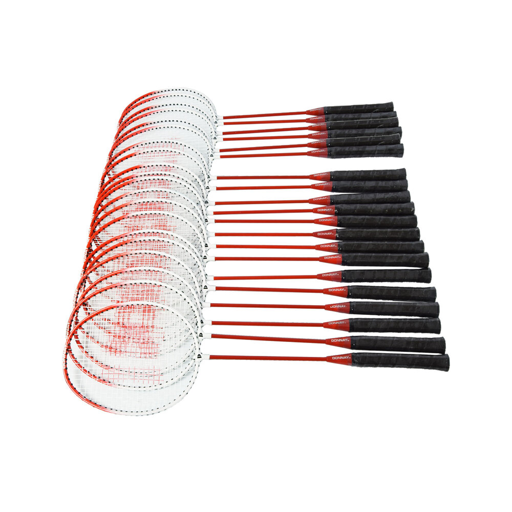 Discountershop Badmintonset voor 20 personen – 20 rode badmintonrackets van 67 x 20 cm met 30 shuttles voor scholen, clubs en evenementen