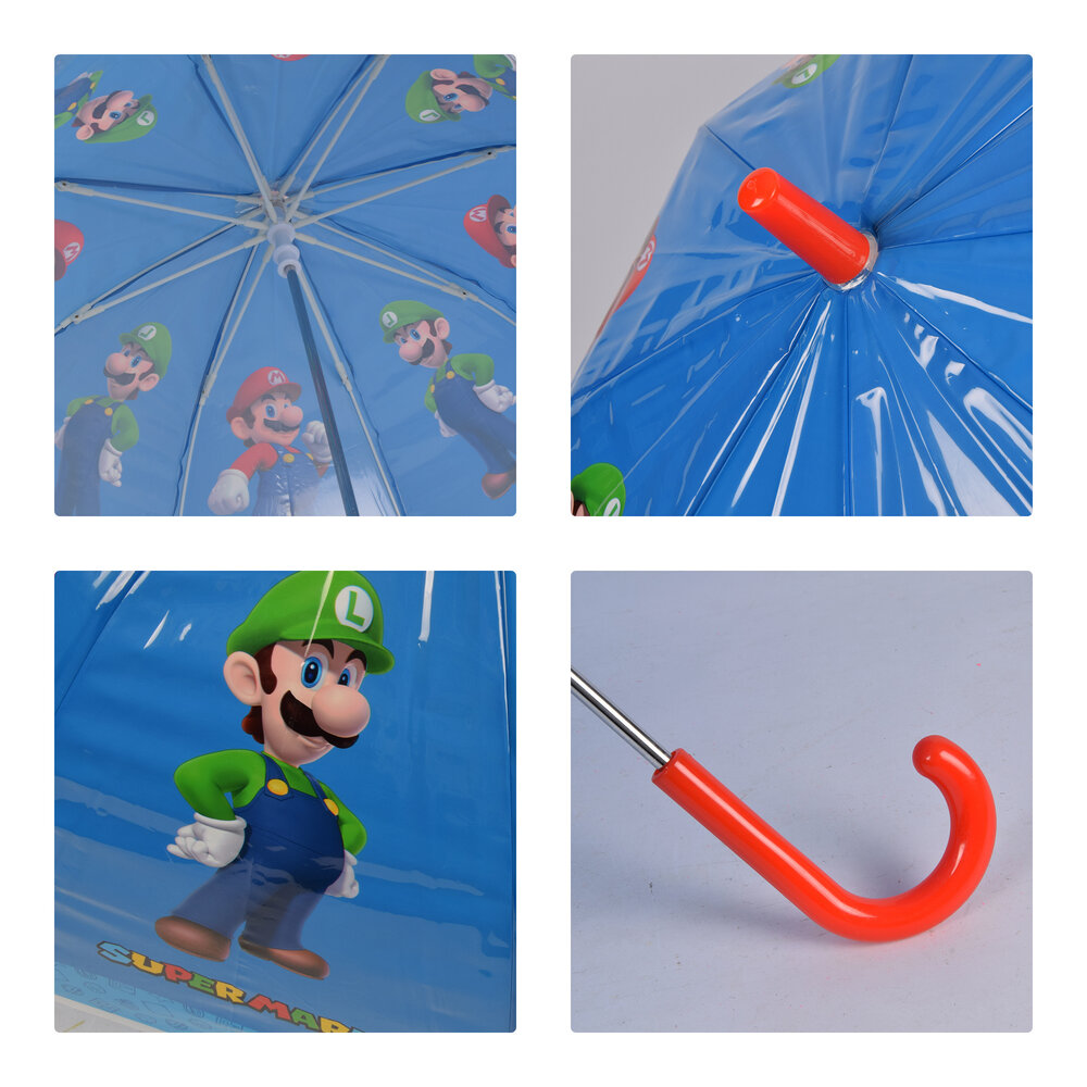 Merkloos Super Mario-Luigi Kids Umbrella in Blue & Red | Plastic and Aluminum | Diameter 70cm | Length 66.5cm | Non-Automatic | Ideal from Age 3 | Perfect for Original Gift