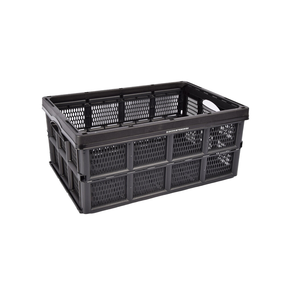 Discountershop Foldable Crate 32 Liters - Black Plastic - Collapsible Shopping Box - Extra Strong & Sturdy for Indoor and Outdoor Use - 50x21x33cm | Perfect for Secure Storage of Clothing, Toys & Groceries