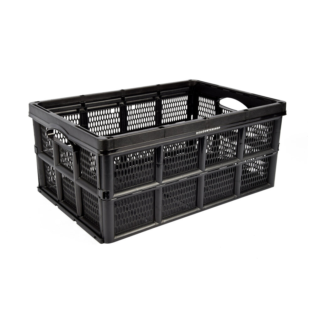 Discountershop Easily Collapsible Folding Crate - 32 Liters - Black Plastic - Equipped with Two Handles on the Side - Dimensions: 48cm x 35cm x 24cm