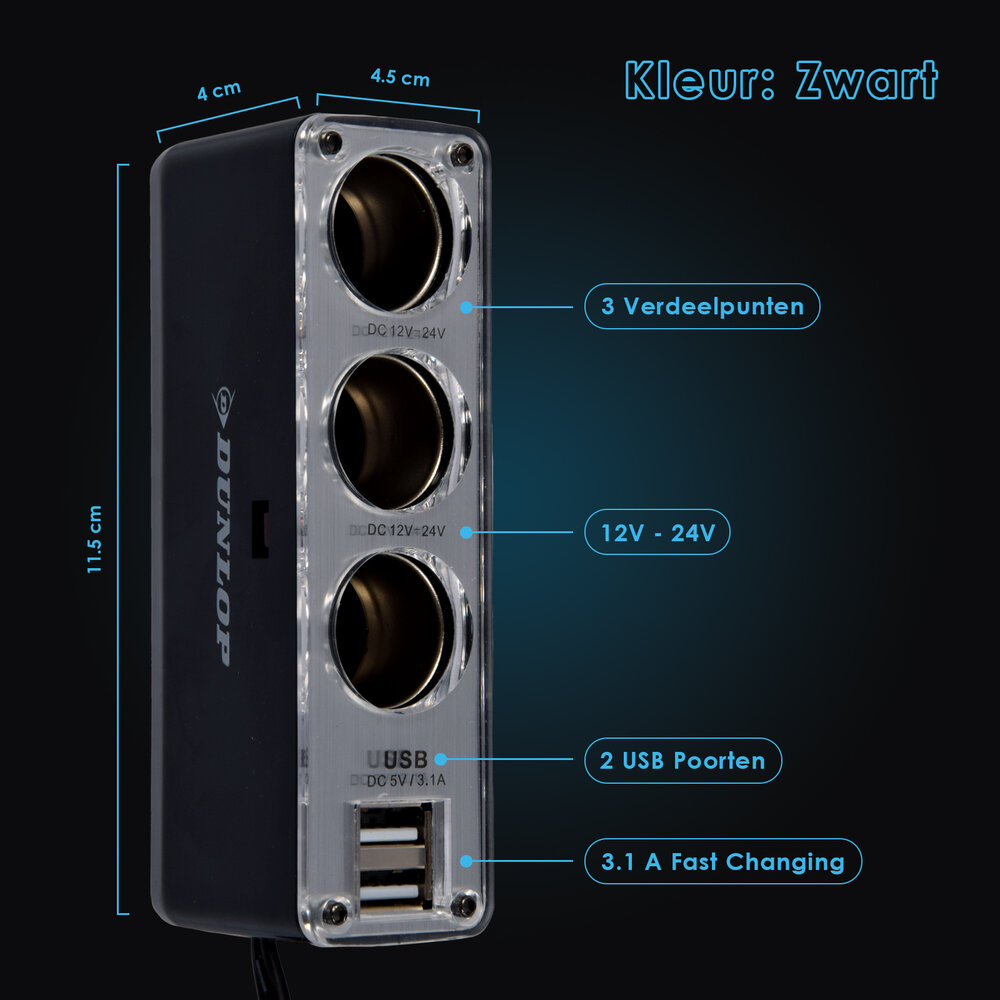 Discountershop Autolader | Auto Oplader | 5-in-1 | Zwart | USB Splitter | 3.1A | Dubbele USB Poort | 3 12V Verdeelpunten | 50cm Kabel | Autoaccessoires | 4.5cm*11.5cm*4cm Discountershop Autolader | Auto Oplader | 5-in-1 | Zwart | USB Splitter | 3.1A | Dubbele USB Poort | 3 12V Verdeelpunten | 50cm Kabel | Autoaccessoires | 4.5cm*11.5cm*4cm