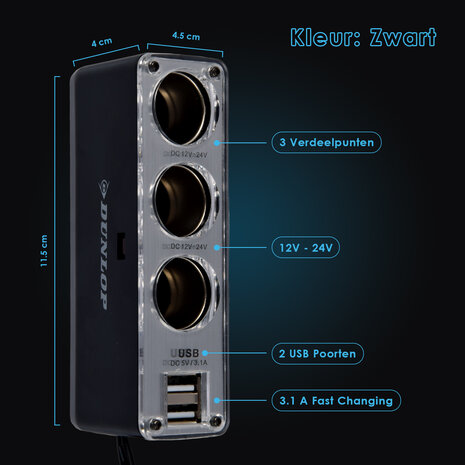 Discountershop Autolader | Auto Oplader | 5-in-1 | Zwart | USB Splitter | 3.1A | Dubbele USB Poort | 3 12V Verdeelpunten | 50cm Kabel | Autoaccessoires | 4.5cm*11.5cm*4cm Discountershop Autolader | Auto Oplader | 5-in-1 | Zwart | USB Splitter | 3.1A | Dubbele USB Poort | 3 12V Verdeelpunten | 50cm Kabel | Autoaccessoires | 4.5cm*11.5cm*4cm
