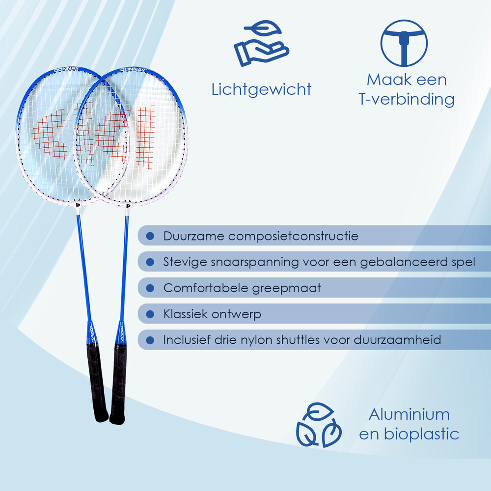 Discountershop Badmintonsets voor 2 tot 20 personen – Blauwe bioplastic rackets met shuttles en draaghoes voor tuin, camping, school en evenementen