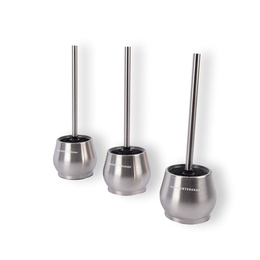 Discountershop Zilveren Toiletborstelset - 3x WC-Borstels met Houder | Roestvrijstaal | 36cm x 12cm x 10.5cm