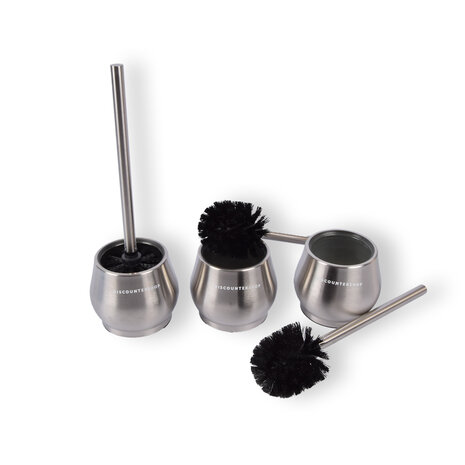 Discountershop Zilveren Toiletborstelset - 3x WC-Borstels met Houder | Roestvrijstaal | 36cm x 12cm x 10.5cm