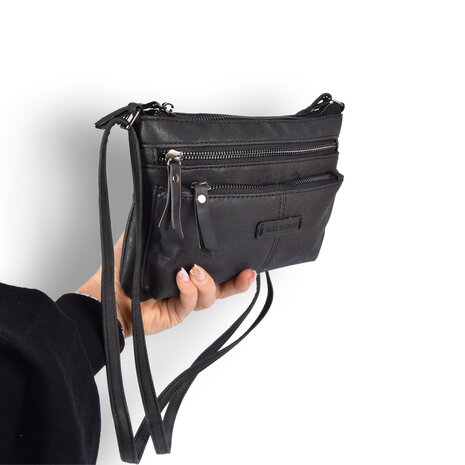 Bicky Bernard  Zwarte Lederen Schoudertas - Bicky Bernard - 23.5x4x16.5cm - 6 Vakken - Crossbody Tas Bicky Bernard  Zwarte Lederen Schoudertas - Bicky Bernard - 23.5x4x16.5cm - 6 Vakken - Crossbody Tas