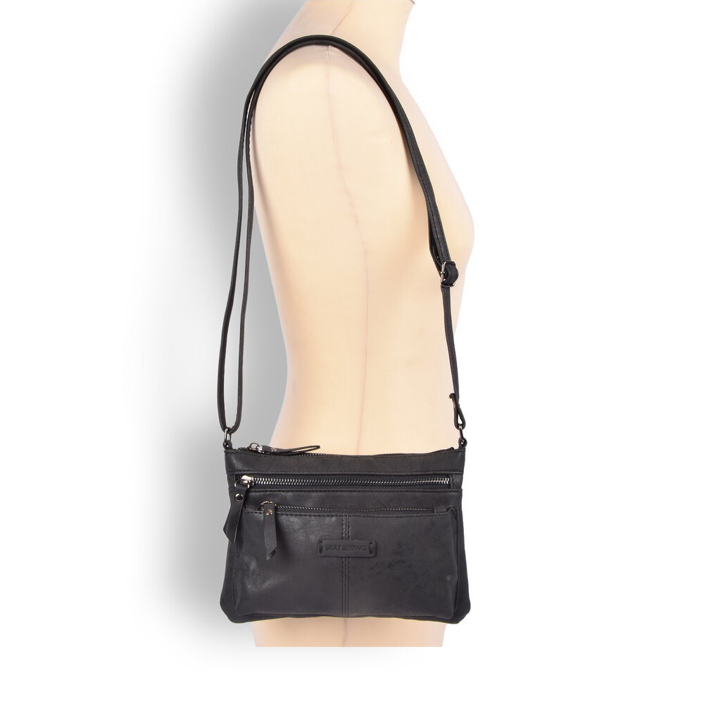 Bicky Bernard  Zwarte Lederen Schoudertas - Bicky Bernard - 23.5x4x16.5cm - 6 Vakken - Crossbody Tas Bicky Bernard  Zwarte Lederen Schoudertas - Bicky Bernard - 23.5x4x16.5cm - 6 Vakken - Crossbody Tas