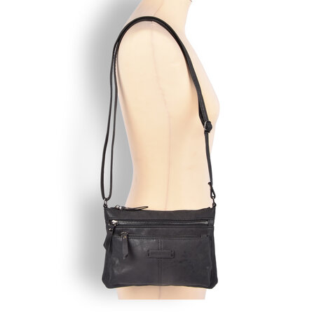 Bicky Bernard  Zwarte Lederen Schoudertas - Bicky Bernard - 23.5x4x16.5cm - 6 Vakken - Crossbody Tas Bicky Bernard  Zwarte Lederen Schoudertas - Bicky Bernard - 23.5x4x16.5cm - 6 Vakken - Crossbody Tas