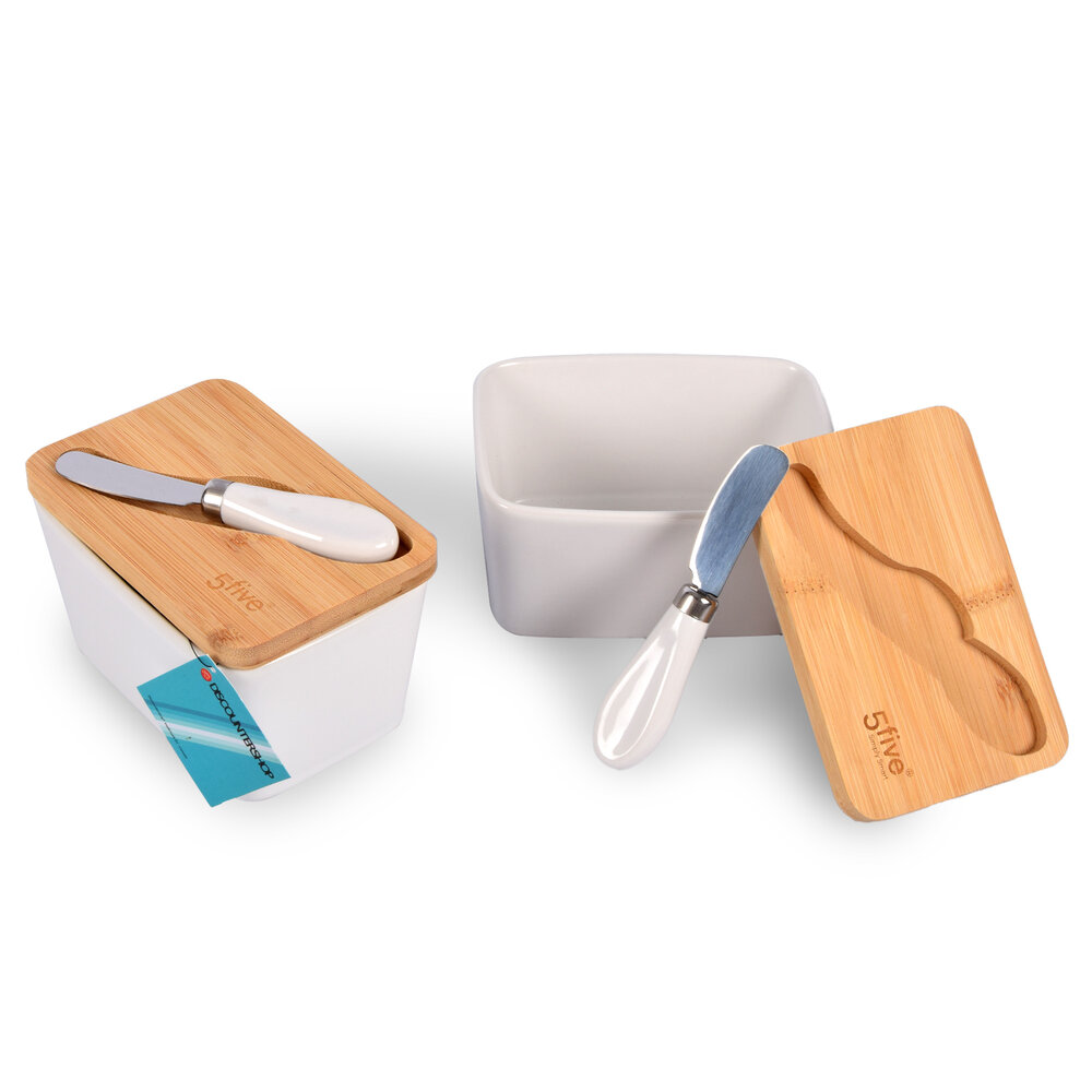 Discountershop Keramische Botervloot Set met Bamboe Deksel & Mes – Duurzame Botervloot 2 Stuks voor Boter en Smeersels – Stijlvol Keukenaccessoire - Vaatwasmachinebestendig Botermes -14cm (Mes 13cm) x 9.5cm x 8.5cm