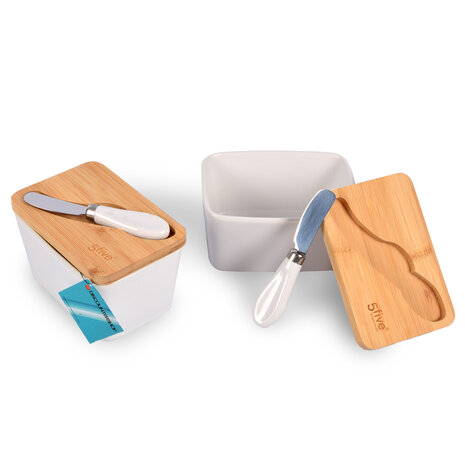 Discountershop Keramische Botervloot Set met Bamboe Deksel & Mes – Duurzame Botervloot 2 Stuks voor Boter en Smeersels – Stijlvol Keukenaccessoire - Vaatwasmachinebestendig Botermes -14cm (Mes 13cm) x 9.5cm x 8.5cm