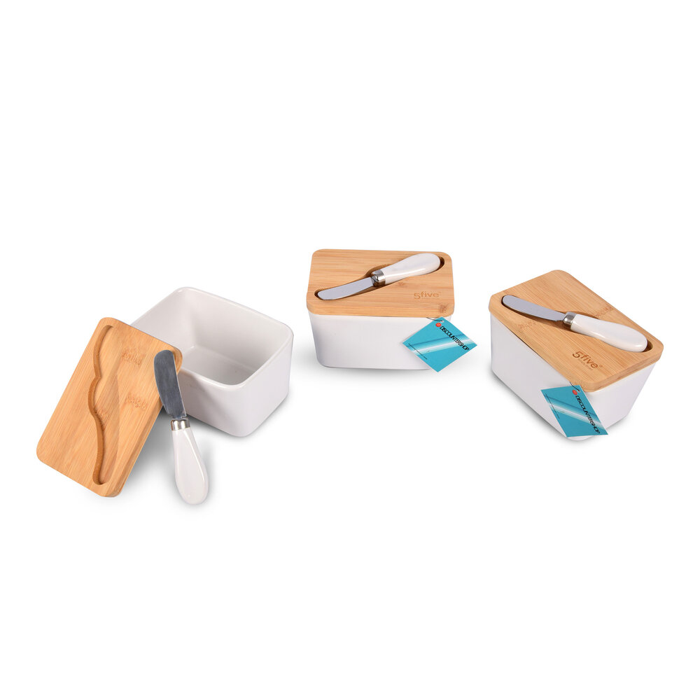 Discountershop Botervloot  met Multifunctioneel Botermes | Botervloot met Bamboe Deksel | Boterdoos in Wit & Beige | Keramiek Botervloot  | 14 cm x 9.5cm x 8.5cm | 500ml - 3 stuks