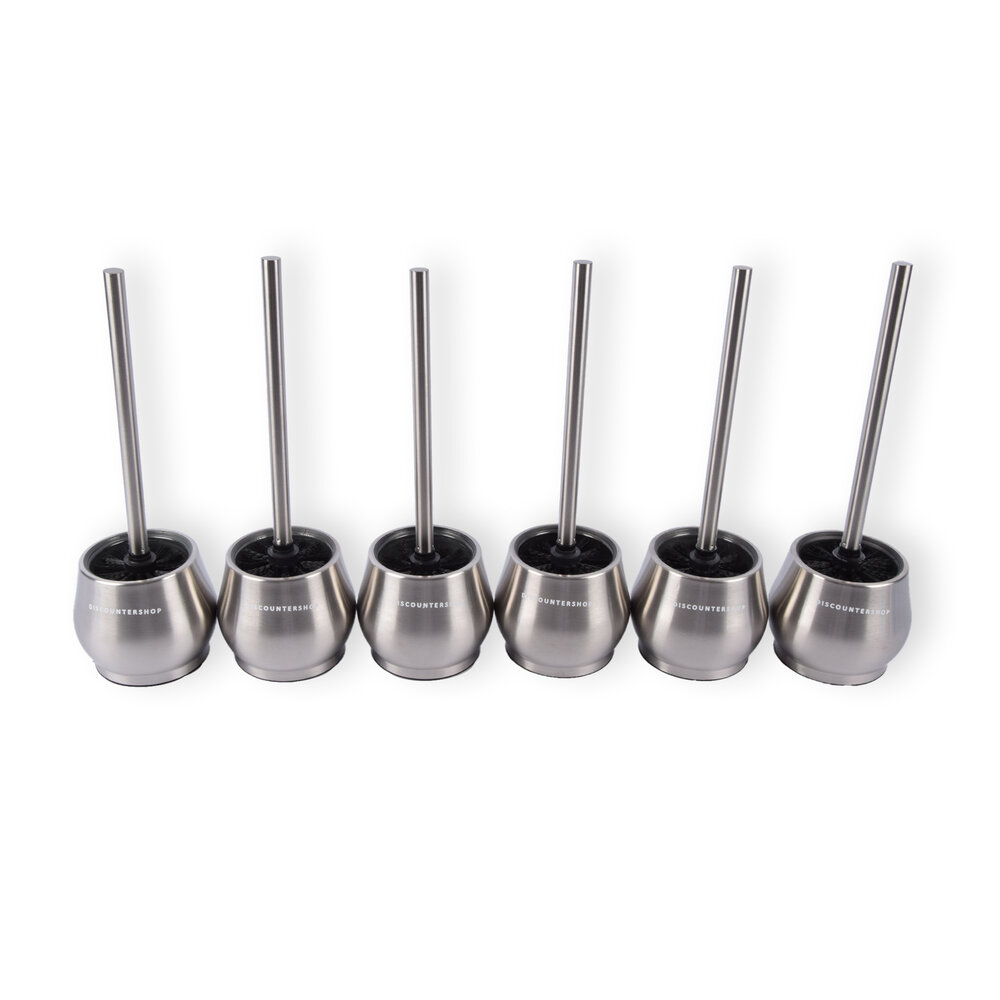 Discountershop Premium Toilet Brushes 6 Pieces with Freestanding Holder | Silver | 10.5cm x 12cm x 36cm | Quick-Drying Container | Sturdy Handle | Deep Cleaning | Hygienic Silicone Toilet Brush for Maximum Hygiene