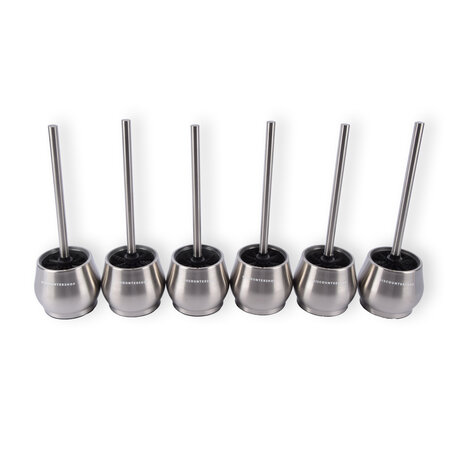 Discountershop Premium Toilet Brushes 6 Pieces with Freestanding Holder | Silver | 10.5cm x 12cm x 36cm | Quick-Drying Container | Sturdy Handle | Deep Cleaning | Hygienic Silicone Toilet Brush for Maximum Hygiene