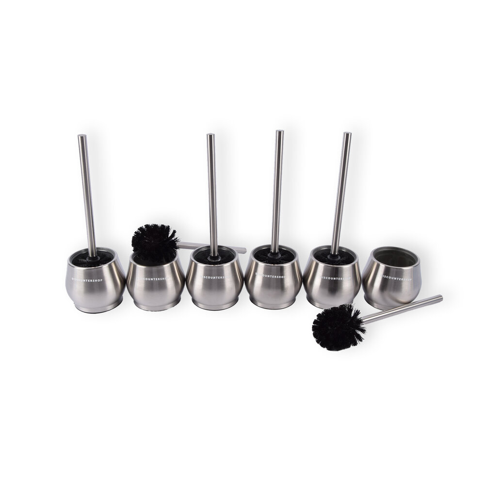 Discountershop Premium Toilet Brushes 6 Pieces with Freestanding Holder | Silver | 10.5cm x 12cm x 36cm | Quick-Drying Container | Sturdy Handle | Deep Cleaning | Hygienic Silicone Toilet Brush for Maximum Hygiene
