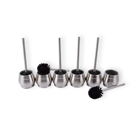 Discountershop Premium Toilet Brushes 6 Pieces with Freestanding Holder | Silver | 10.5cm x 12cm x 36cm | Quick-Drying Container | Sturdy Handle | Deep Cleaning | Hygienic Silicone Toilet Brush for Maximum Hygiene