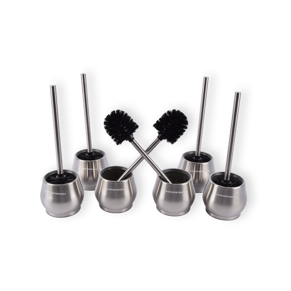 Discountershop Premium Toilet Brushes 6 Pieces with Freestanding Holder | Silver | 10.5cm x 12cm x 36cm | Quick-Drying Container | Sturdy Handle | Deep Cleaning | Hygienic Silicone Toilet Brush for Maximum Hygiene