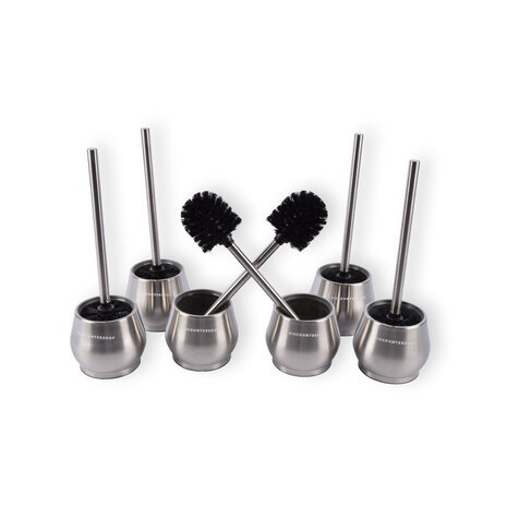 Discountershop Premium Toilet Brushes 6 Pieces with Freestanding Holder | Silver | 10.5cm x 12cm x 36cm | Quick-Drying Container | Sturdy Handle | Deep Cleaning | Hygienic Silicone Toilet Brush for Maximum Hygiene