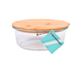 Discountershop Transparante Saladekom van Glas en Bamboe - 17.5 cm - Met Deksel - Ideaal voor Vershoudbakjes