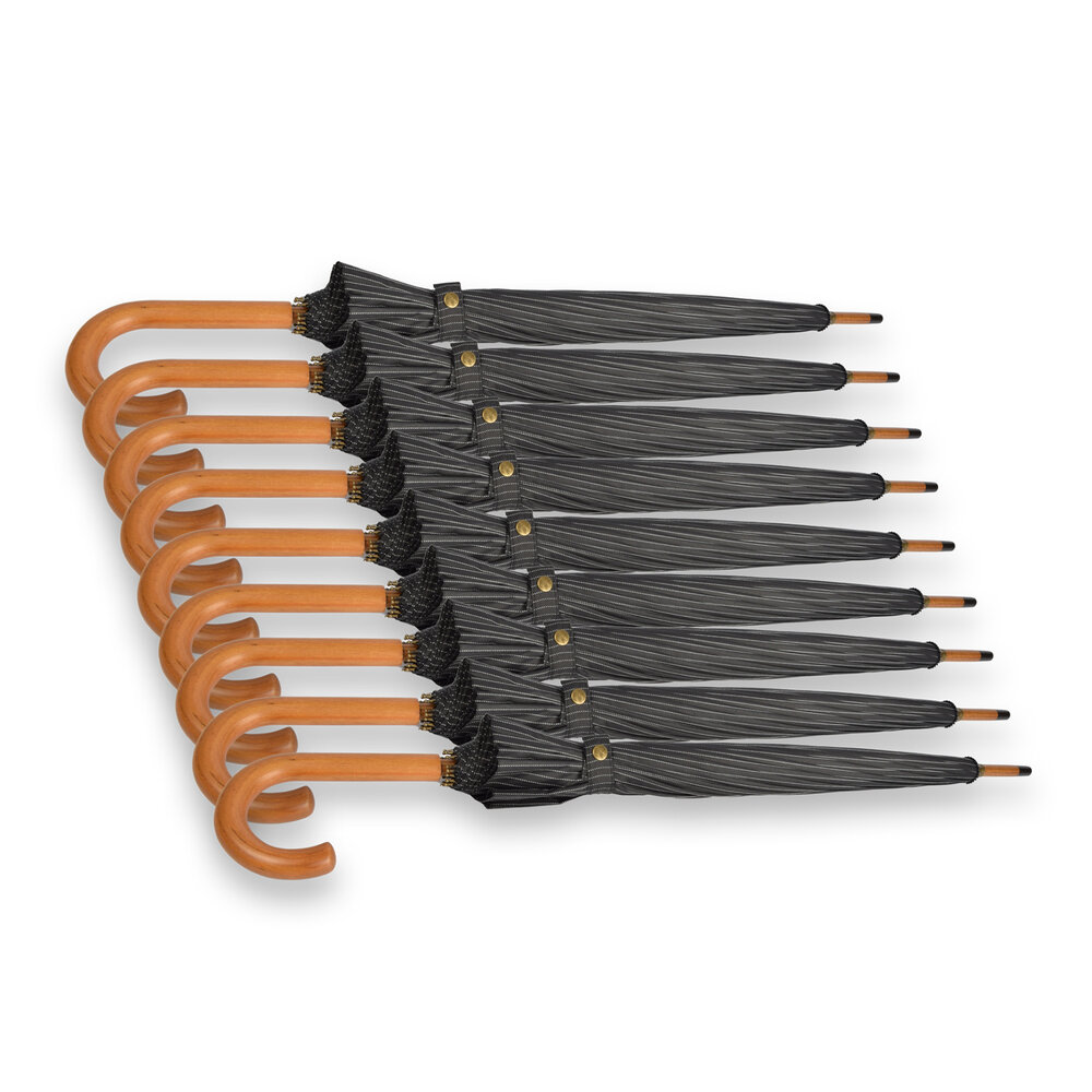 Discountershop Negen Stevige Paraplu's voor Maximale Bescherming - Zwart met Witte Streepjes - Met Houten Handvat - 102cm Diameter Discountershop Negen Stevige Paraplu's voor Maximale Bescherming - Zwart met Witte Streepjes - Met Houten Handvat - 102cm Diameter