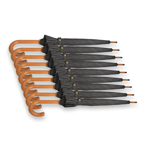 Discountershop Negen Stevige Paraplu's voor Maximale Bescherming - Zwart met Witte Streepjes - Met Houten Handvat - 102cm Diameter Discountershop Negen Stevige Paraplu's voor Maximale Bescherming - Zwart met Witte Streepjes - Met Houten Handvat - 102cm Diameter