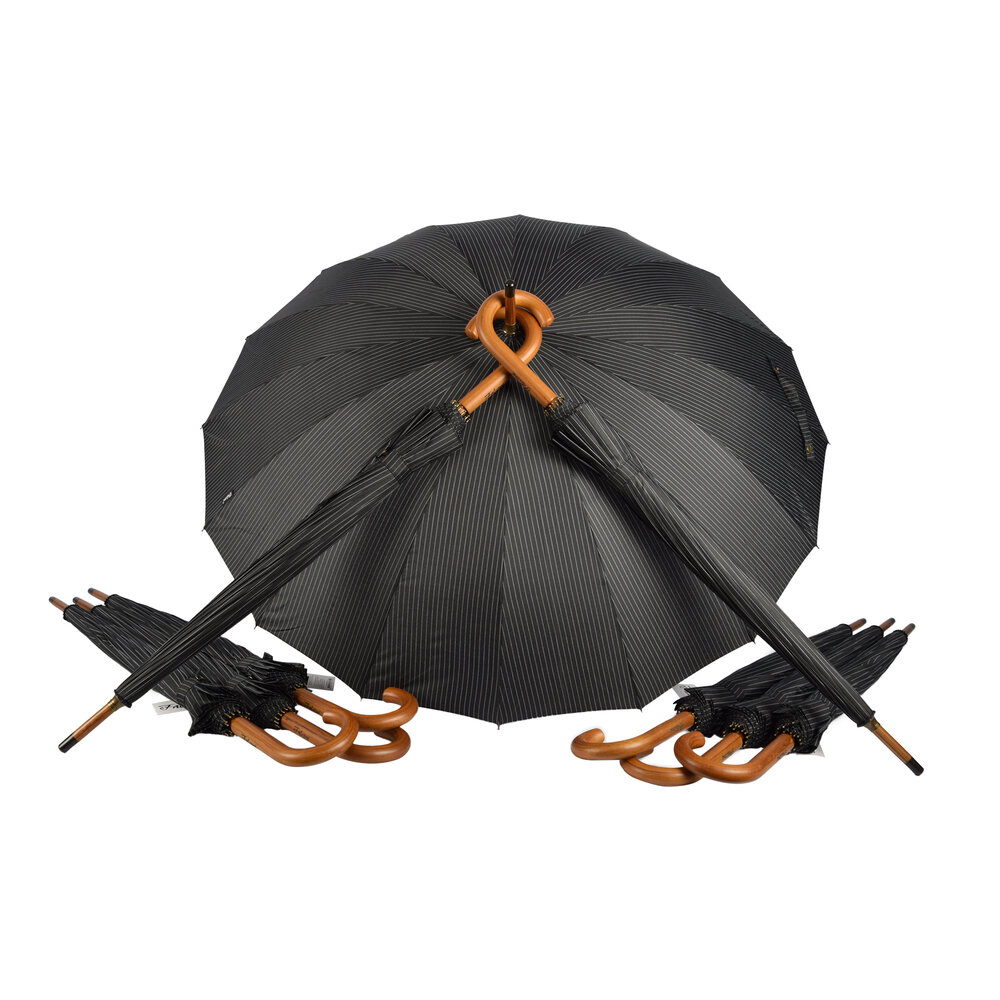 Discountershop Negen Stevige Paraplu's voor Maximale Bescherming - Zwart met Witte Streepjes - Met Houten Handvat - 102cm Diameter Discountershop Negen Stevige Paraplu's voor Maximale Bescherming - Zwart met Witte Streepjes - Met Houten Handvat - 102cm Diameter
