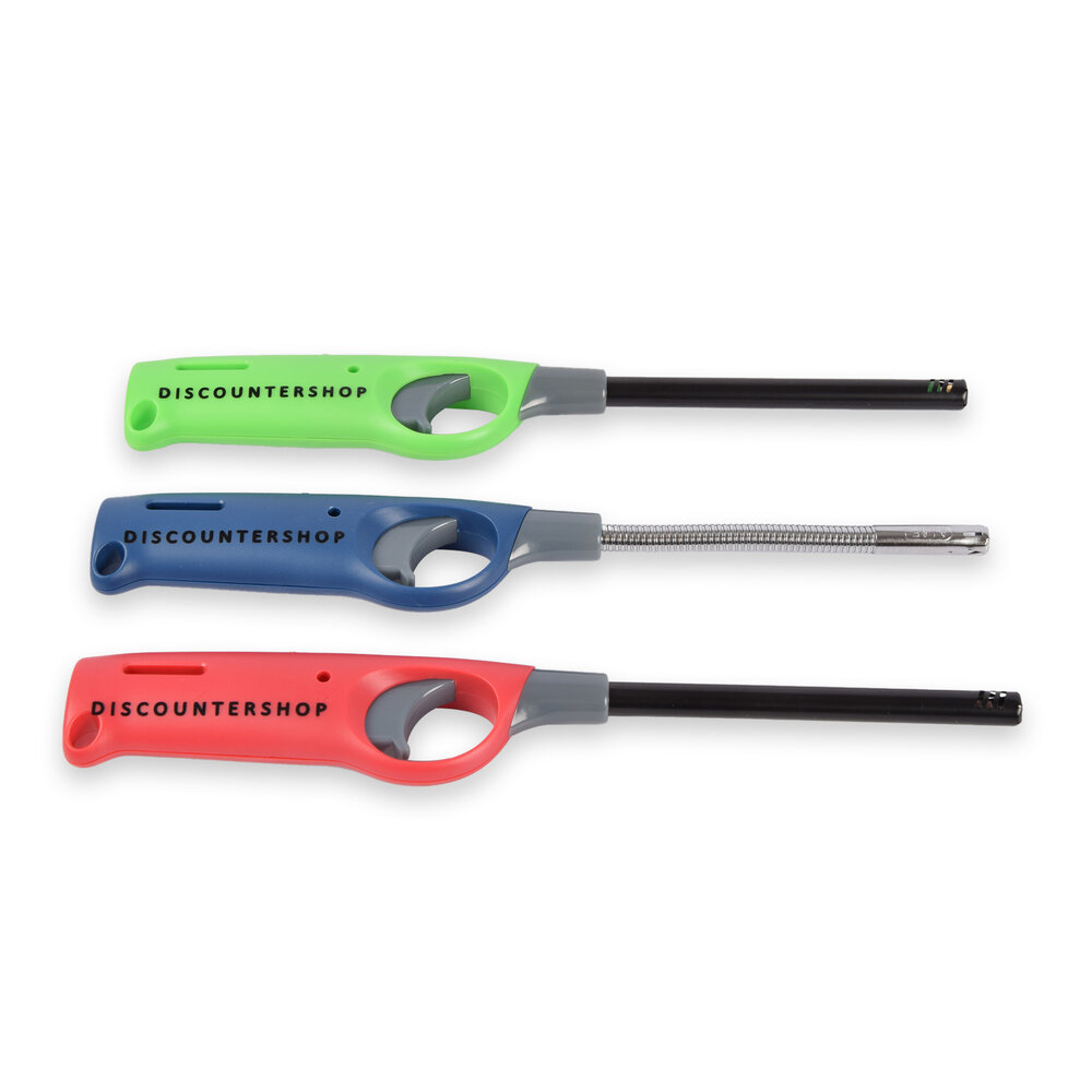 Discountershop Gasaansteker Set van 3 Groen, Blauw en Rood 26 cm met Buigbare Blauwe Aansteker voor BBQ, Kaarsen en Camping