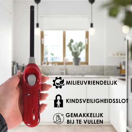 Discountershop Navulbare Aansteker 26 cm voor BBQ, Keuken, Kaarsen en Horeca met Lange Hals - Rood Discountershop Navulbare Aansteker 26 cm voor BBQ, Keuken, Kaarsen en Horeca met Lange Hals - Rood