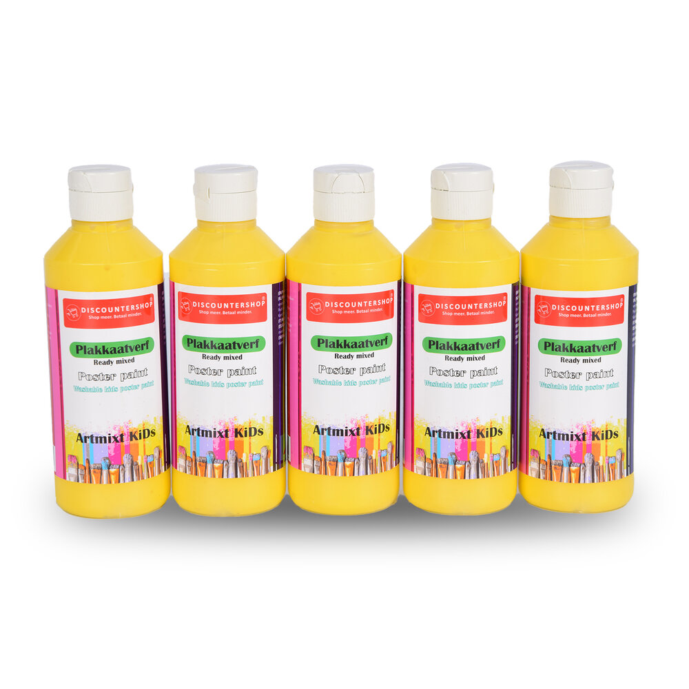 Discountershop Plakkaatverf Set | 5 Stuks Gele Plakkaatverf | Hoogte 16 cm | 250 ml Elk Fles | Voor Hout Papier Karton Steen Gips Metaal Plastic | Heldere Kleuren |  Ondoorzichtig | Gebruiksklaar Discountershop Plakkaatverf Set | 5 Stuks Gele Plakkaatverf | Hoogte 16 cm | 250 ml Elk Fles | Voor Hout Papier Karton Steen Gips Metaal Plastic | Heldere Kleuren |  Ondoorzichtig | Gebruiksklaar