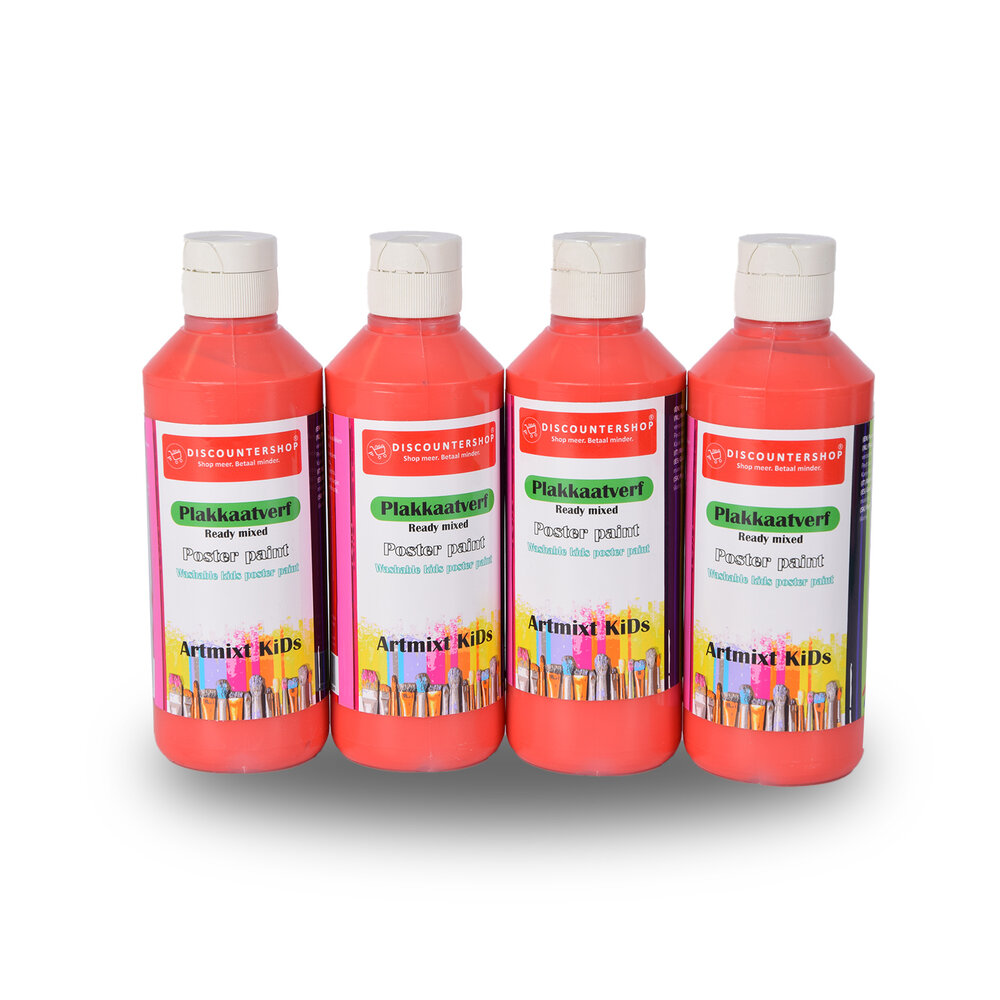 Discountershop Plakkaatverf Set Rood | 4 Delige | 16 x 5 cm | 250 ml Elk | Geschikt voor Hout Papier Karton Steen Gips Metaal Plastic | Uitwasbaar en Uit Kleding Verwijderbaar | Ondoorzichtig en Droogt Watervast op Discountershop Plakkaatverf Set Rood | 4 Delige | 16 x 5 cm | 250 ml Elk | Geschikt voor Hout Papier Karton Steen Gips Metaal Plastic | Uitwasbaar en Uit Kleding Verwijderbaar | Ondoorzichtig en Droogt Watervast op