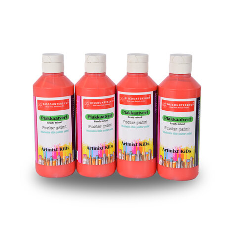Discountershop Plakkaatverf Set Rood | 4 Delige | 16 x 5 cm | 250 ml Elk | Geschikt voor Hout Papier Karton Steen Gips Metaal Plastic | Uitwasbaar en Uit Kleding Verwijderbaar | Ondoorzichtig en Droogt Watervast op Discountershop Plakkaatverf Set Rood | 4 Delige | 16 x 5 cm | 250 ml Elk | Geschikt voor Hout Papier Karton Steen Gips Metaal Plastic | Uitwasbaar en Uit Kleding Verwijderbaar | Ondoorzichtig en Droogt Watervast op