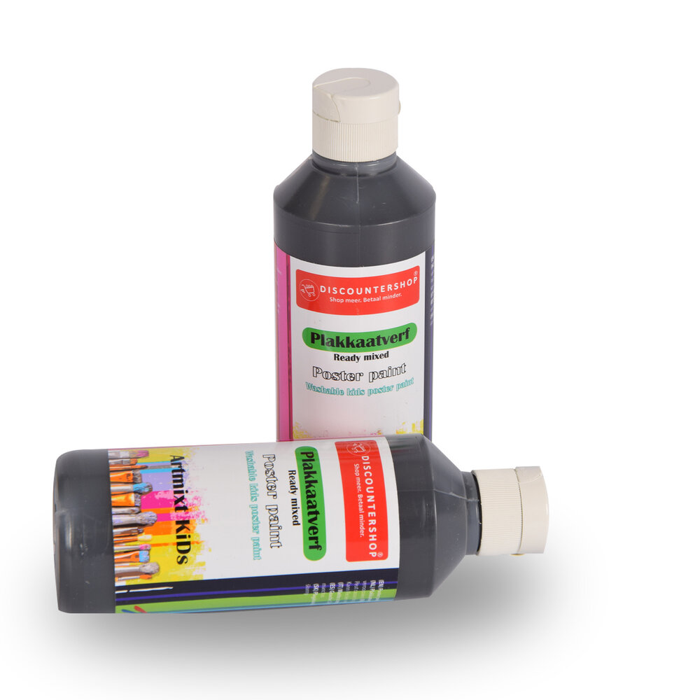 Discountershop Premium Black Poster Paint Set 2x | Width 5cm | Height 16cm | Each Bottle 250 ml  | For Artists and Beginners | Water-Based and Washable | Suitable for Various Surfaces