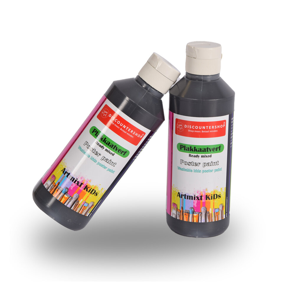 Discountershop Premium Black Poster Paint Set 2x | Width 5cm | Height 16cm | Each Bottle 250 ml  | For Artists and Beginners | Water-Based and Washable | Suitable for Various Surfaces