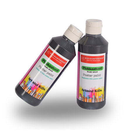 Discountershop Premium Black Poster Paint Set 2x | Width 5cm | Height 16cm | Each Bottle 250 ml  | For Artists and Beginners | Water-Based and Washable | Suitable for Various Surfaces