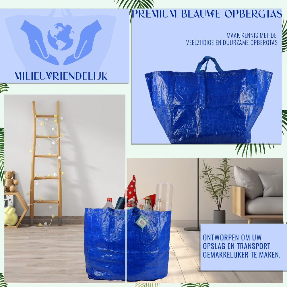 Discountershop Kunststof Opbergtas 60L | Blauw | 37cm x 40cm x 41cm | Herbruikbare Boodschappentas en Jumbo Verhuizen tassen | Opbergzak met Handvatten | Perfect als Winkelen en Wasserij Tassen, Strand & Picknick