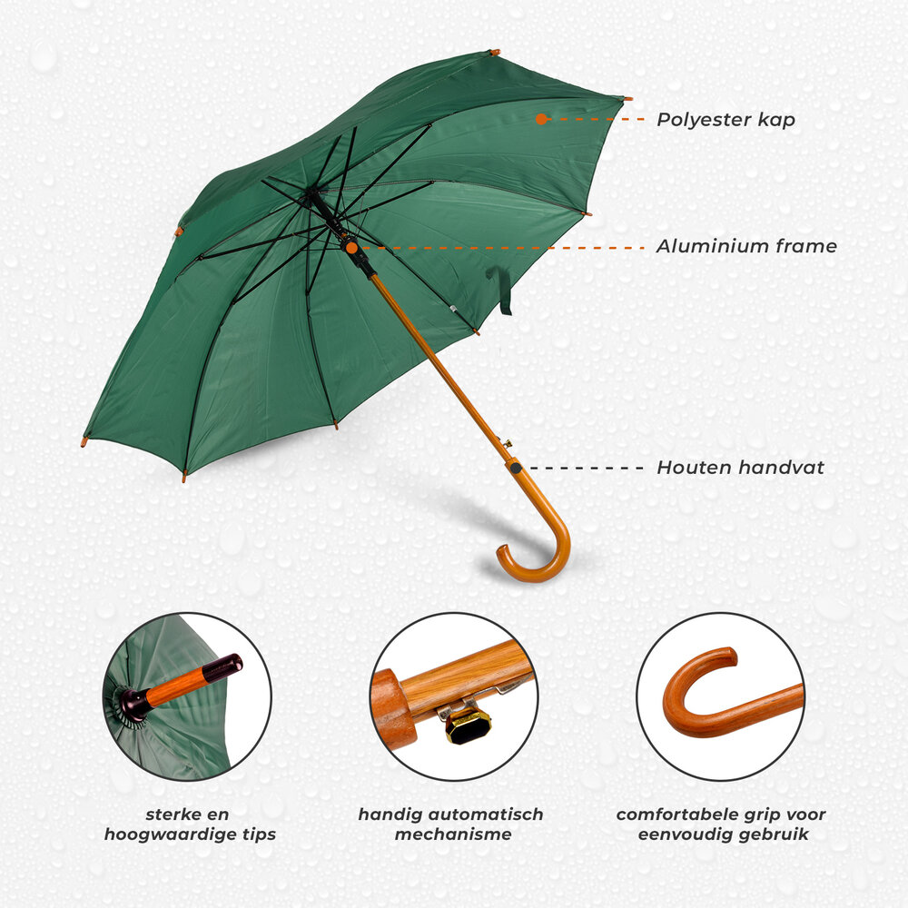Discountershop Automatic Green Umbrella 98 cm – Windproof Umbrella for Adults | Durable Large Rain Umbrella with Wooden Shaft & Handle