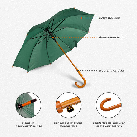 Discountershop Automatic Green Umbrella 98 cm – Windproof Umbrella for Adults | Durable Large Rain Umbrella with Wooden Shaft & Handle