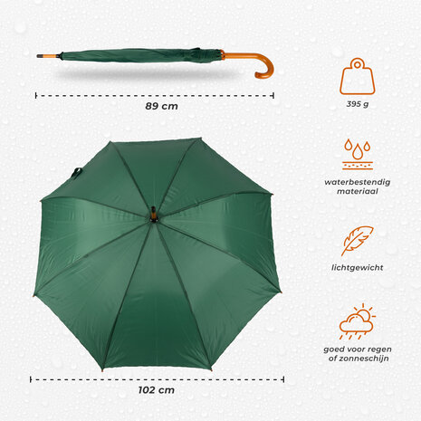 Discountershop Automatische Groene Paraplu 98 cm – Windproof Paraplu voor Volwassenen | Grote Stevige Regenparaplu met Houten Stok en Handvat