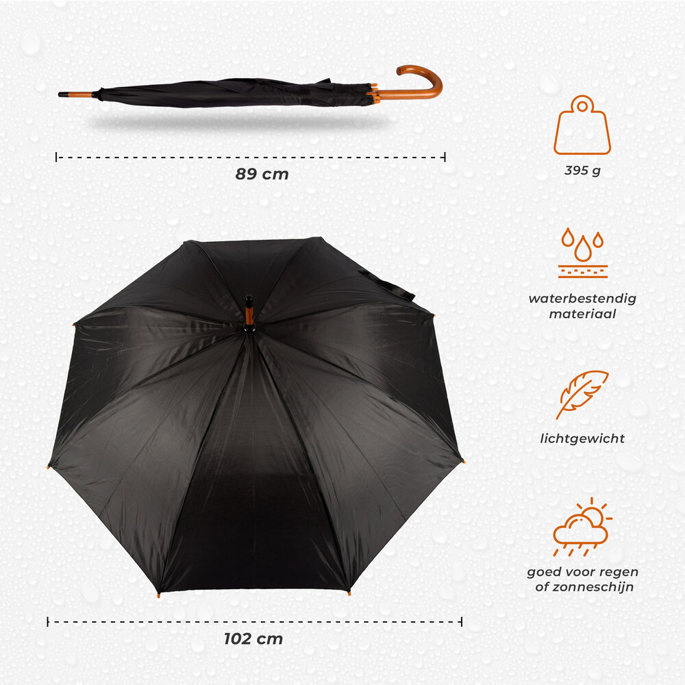 Discountershop Paraplu met J Wooden Hook Handle – Large Black Umbrella 98 cm, Windproof Strong Umbrella for Women and Men