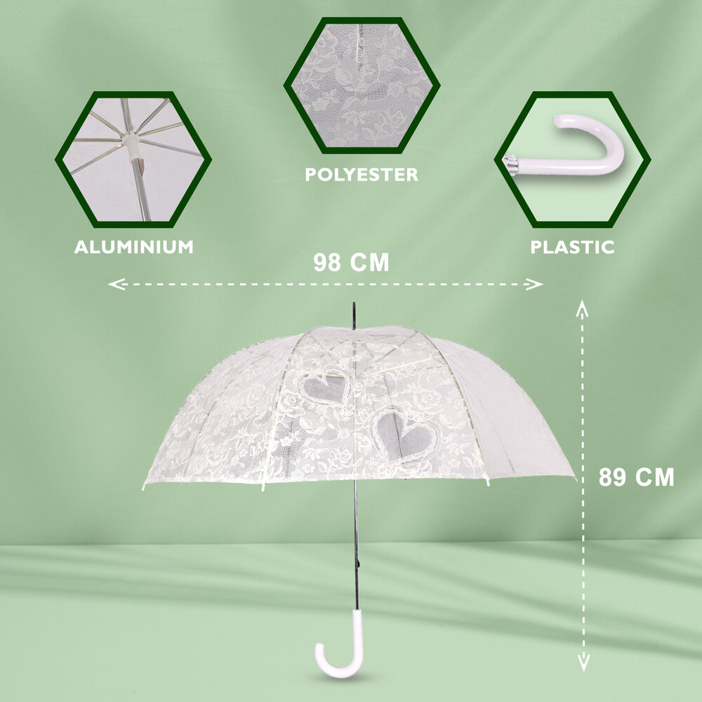 Discountershop Transparent Wedding Umbrella 98cm with Lace – Exquisite White Bridal Entry Umbrella – Windproof J Handle Umbrella – Automatic Opening