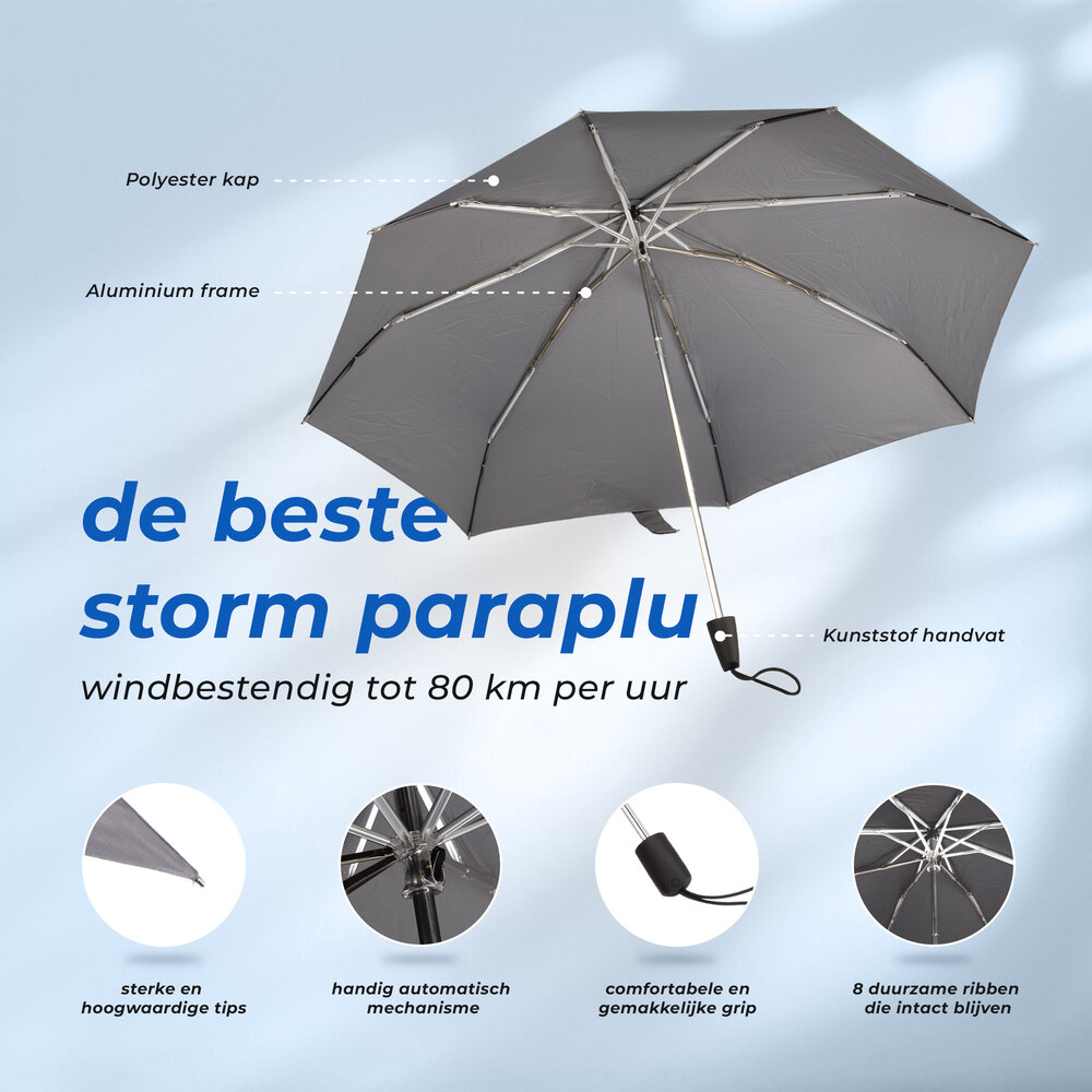 Discountershop Grijze Stormparaplu - Groot en Stevig - Opvouwbaar met Aluminium Frame - Gemaakt van Polyester Pongee Doek - Diameter van 100cm