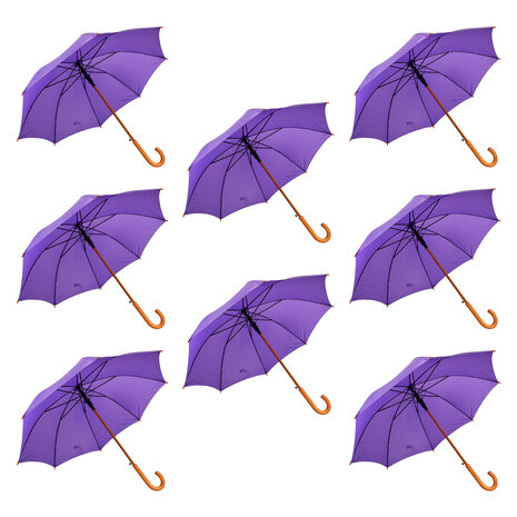 Discountershop 8x Stabiele Automatische Paraplu – Paars - Houten Stok en Handvat - Materiaal: Polyester en Aluminium – 89x98cm Discountershop 8x Stabiele Automatische Paraplu – Paars - Houten Stok en Handvat - Materiaal: Polyester en Aluminium – 89x98cm