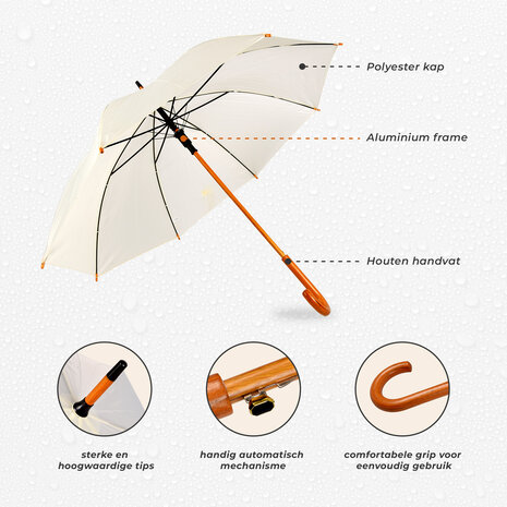 Discountershop Umbrella with Wooden Handle 98 cm Diameter – White Vanilla | Automatic & Windproof – Unisex