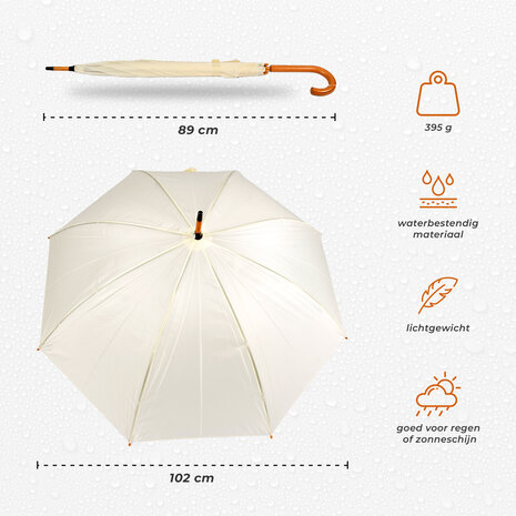 Discountershop Umbrella with Wooden Handle 98 cm Diameter – White Vanilla | Automatic & Windproof – Unisex