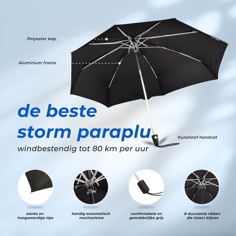 Discountershop Compact Storm Umbrella 97 cm – Windproof Strong Umbrella up to 80 km/h with Cover, Folding Black Umbrella