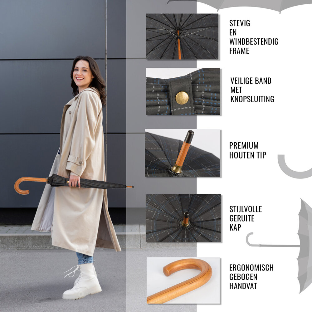 Discountershop Elegance & Functionality: Gray Storm Umbrella Diameter - 102cm - Wooden Handle, Lightweight Design