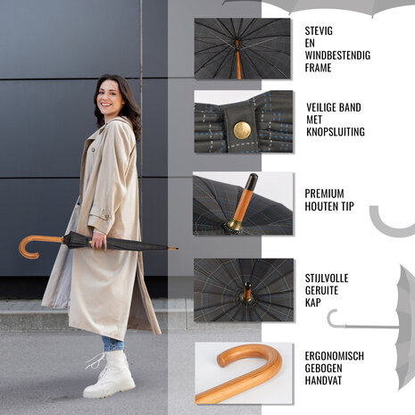 Discountershop Elegantie & Functionaliteit: Grijs Stormparaplu Diameter - 102cm - Houten Handvat, Lichtgewicht Ontwerp