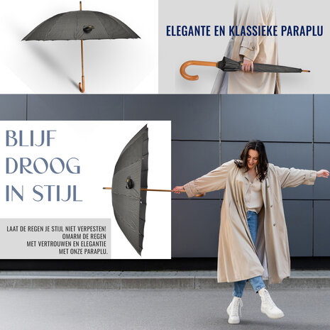 Discountershop Duurzame Zwarte met witte streepjes Paraplu's - 5 Stuks, Fiber en Polyester, Houten Stok - 16 banen - Voor Volwassenen Discountershop Duurzame Zwarte met witte streepjes Paraplu's - 5 Stuks, Fiber en Polyester, Houten Stok - 16 banen - Voor Volwassenen