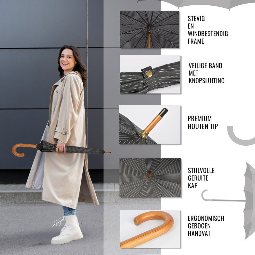 Discountershop 10x Sturdy Umbrellas for Maximum Protection - Black with White Stripes - With Wooden Handle - 102cm Diameter Discountershop 10x Sturdy Umbrellas for Maximum Protection - Black with White Stripes - With Wooden Handle - 102cm Diameter