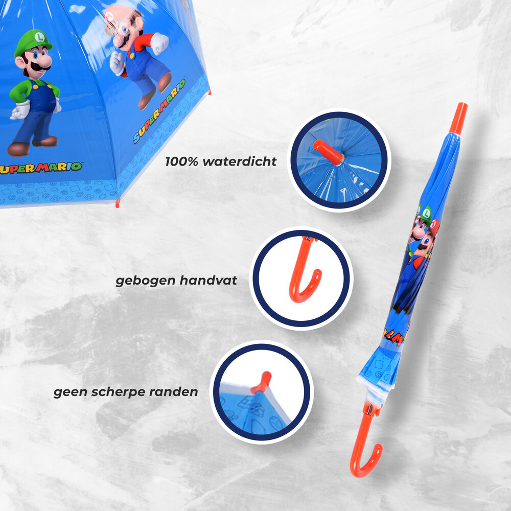 Merkloos Super Mario-Luigi Kinderparaplu in Blauw & Rood | Kunststof en Aluminium | Diameter 70cm | Lengte 66.5cm | Niet Automatisch | Ideaal vanaf 3 Jaar | Perfect voor Origineel Geschenk